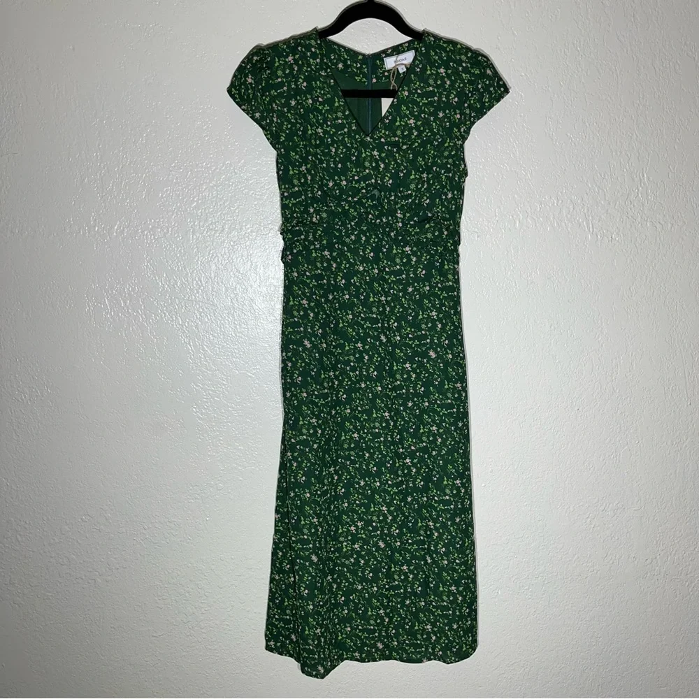 RIHOAS The V Neck Frill Trim Midi Grass Green Dress Sz S NWT - Picture 2 of 6